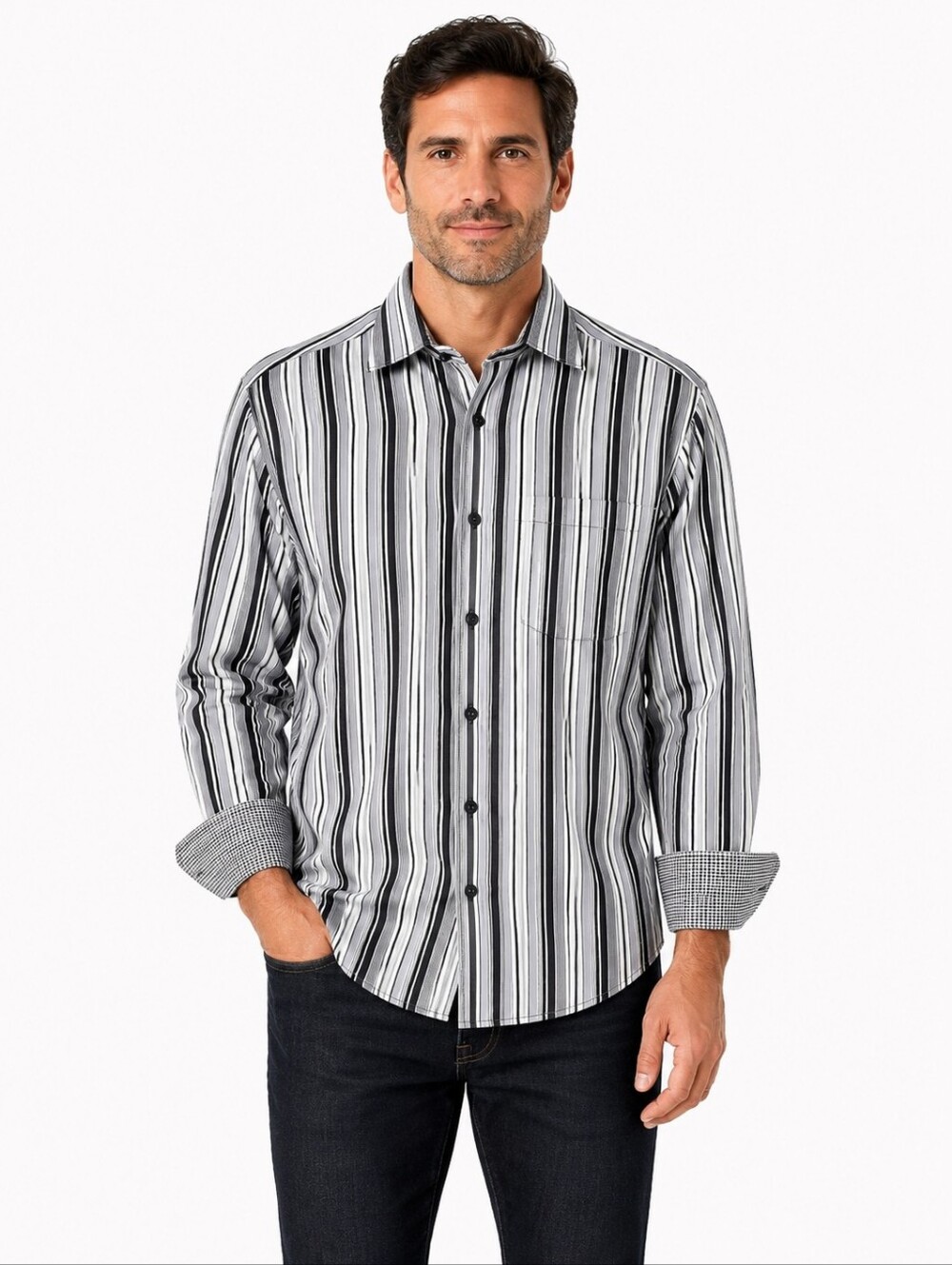 Bugatchi Uomo Black Gray White Striped Button Front Shirt Mens‎ Large Cotton